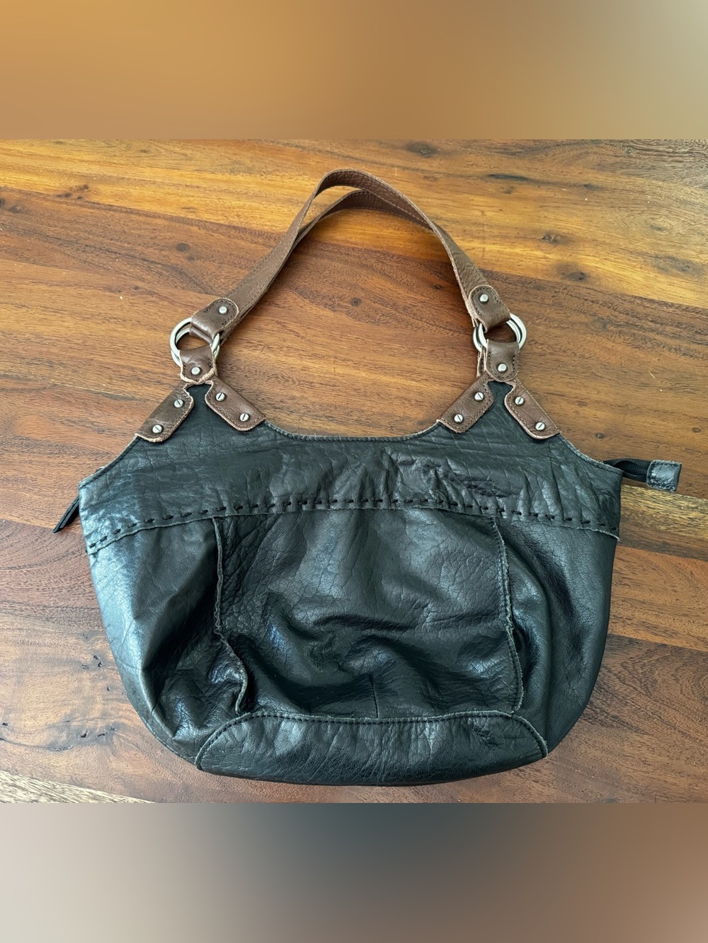 THE SAK 16" Black Leather Bag Vintage Brown Strap Handbag Hobo Purse Handbag